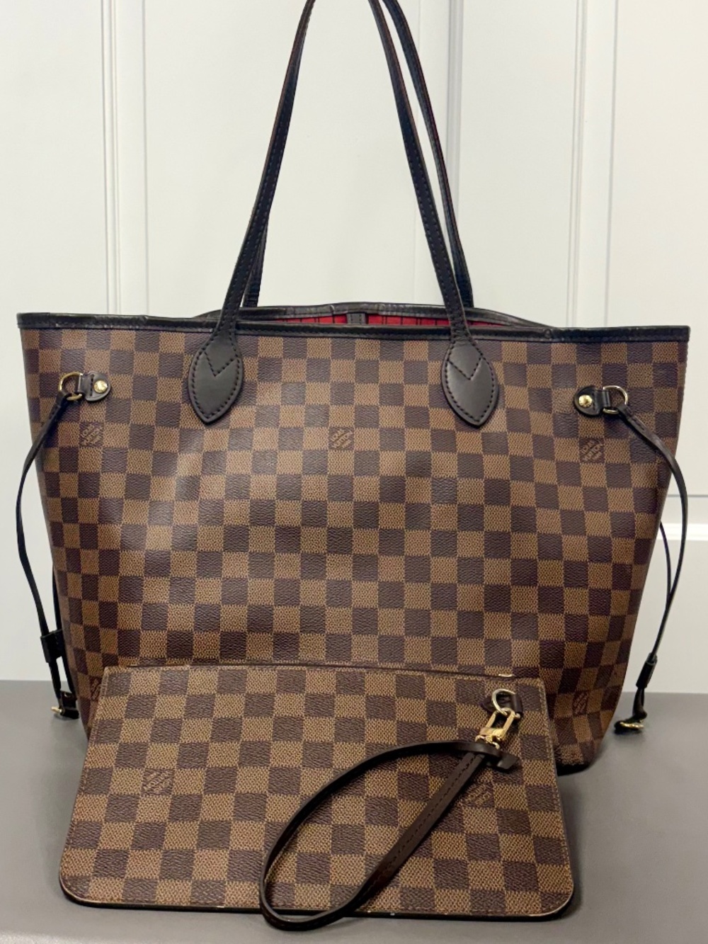Louis Vuitton Damier Ebene Neverfull MM Tote Bag with Pouch